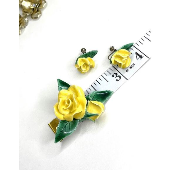 VINTAGE Brooch Earrings Yellow Rose Porcelain Capodimonte vtg Flower AU01 - Picture 4 of 6